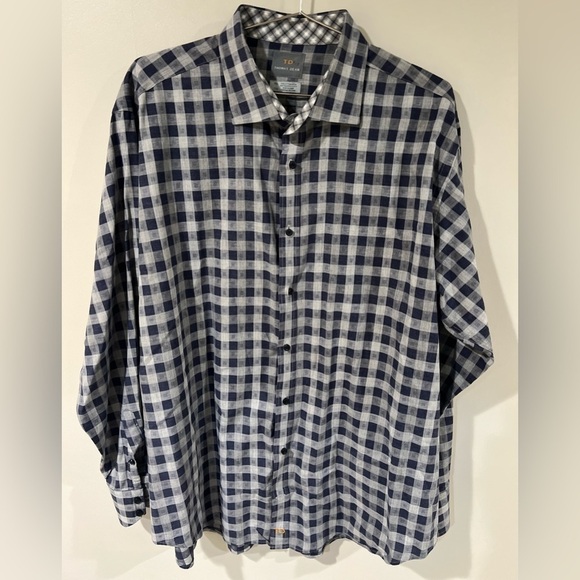 Thomas Dean Men’s XXL TTG Navy Gingham Plaid Dress Shirt Party Shirt Designer - Picture 1 of 8